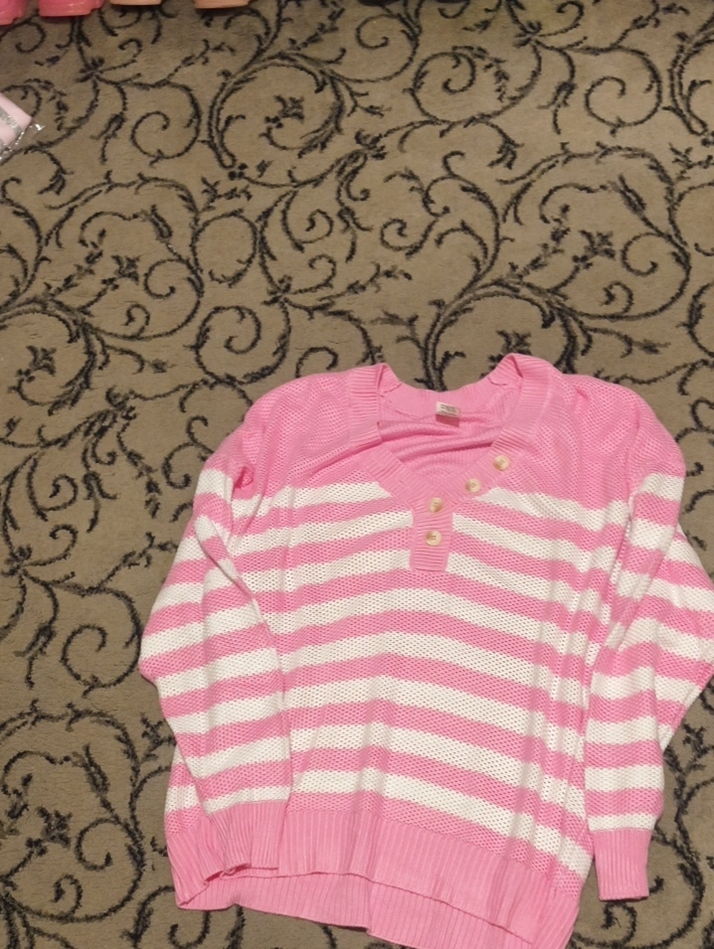 PINK Victoria's Secret Pink and White Striped Crew Sweater with Button Placket